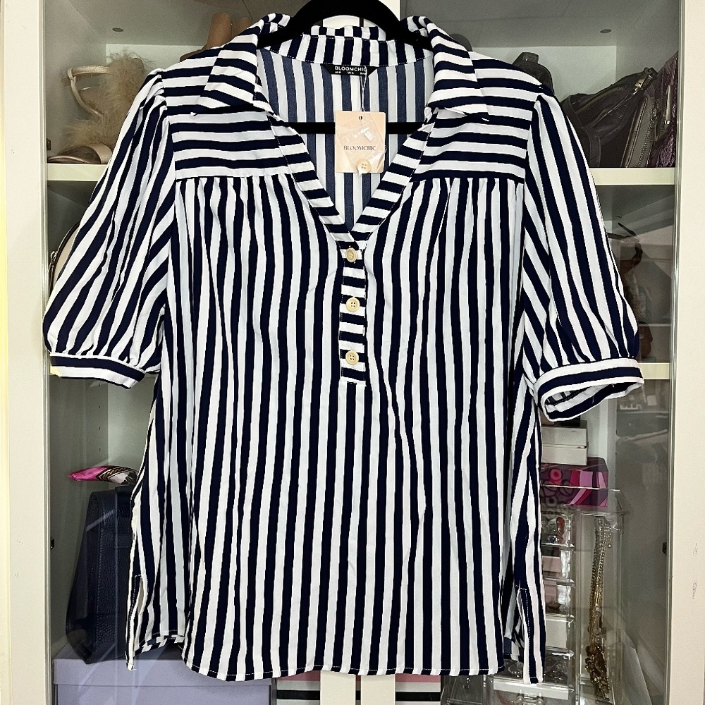 Striped Notched Collar Lantern Sleeve Blouse in Dark Blue Size 10